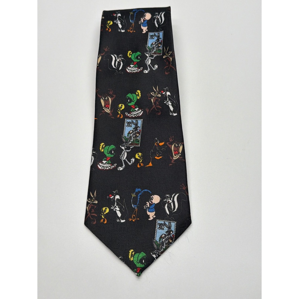Vintage 1997 Looney Tunes Stamp Collection Black Silk Feel Character Tie